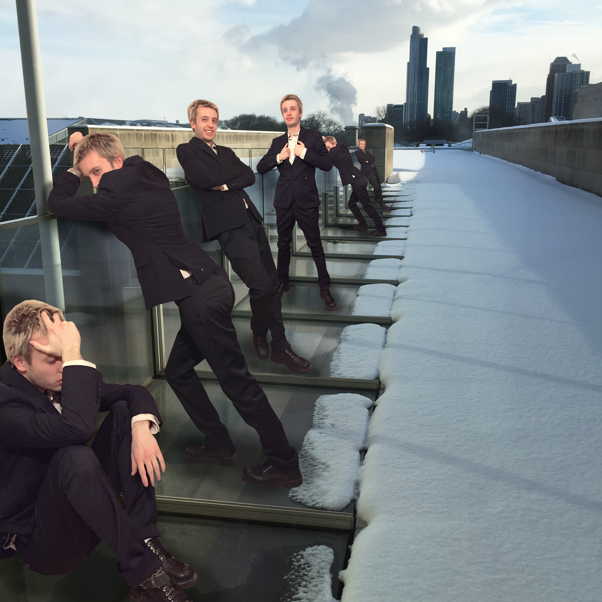 Five butlers on a rooftop covered in snow